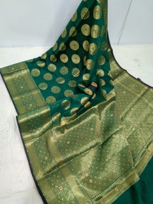 Indy Beauty Woven Banarasi Silk Blend, Chanderi Saree(Green)