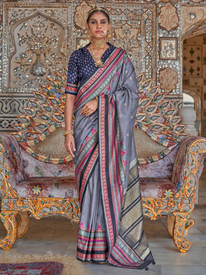 ANOUK Printed Chinnalapattu Silk Blend Saree(Grey)