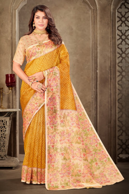 Sariya Printed Kota Doria Tissue Saree(Yellow)