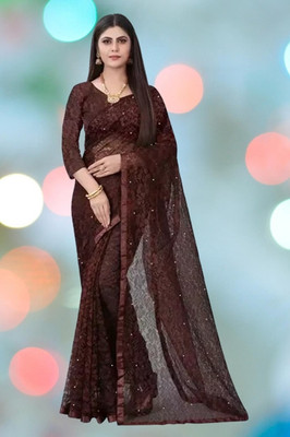 Fashion Field Solid/Plain Bollywood Net Saree(Brown)