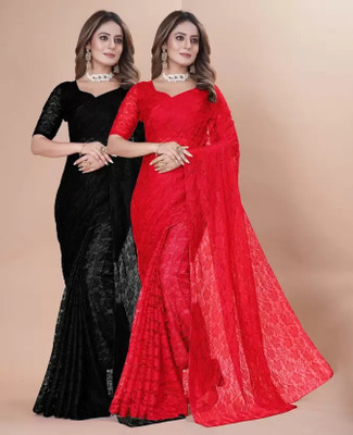 Vragi Floral Print Bollywood Net Saree(Pack of 2, Multicolor)