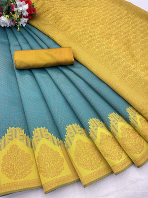 KanjiQueen Woven Kanjivaram Silk Blend, Pure Silk Saree(Light Blue, Gold)