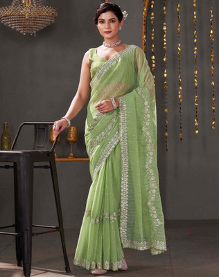 Tasrika Embellished, Embroidered Bollywood Organza Saree(Green)