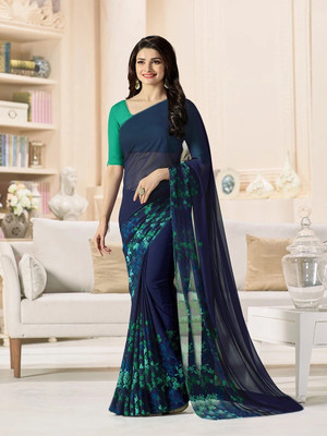 HouseOfCommon Printed Bollywood Georgette, Chiffon Saree(Green, Blue)
