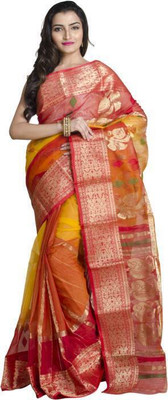 Upama Fabric Self Design Handloom Handloom Tussar Silk Saree(Yellow, Red)