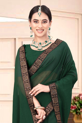 RB studio Solid/Plain, Embellished Bollywood Georgette Saree(Green)