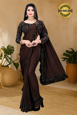 V2B ENTERPRISE Solid/Plain Bollywood Lycra Saree(Brown)