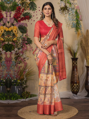 Sareemall Printed Chinnalapattu Silk Blend Saree(Orange)