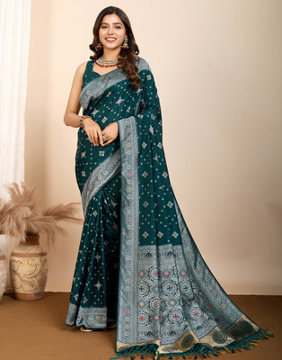 Satrani Woven, Embellished Patola Silk Blend Saree(Green)