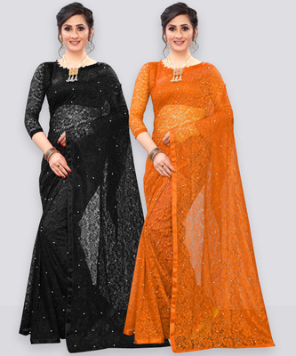 LOROFY Self Design Bollywood Net Saree(Pack of 2, Black, Orange)