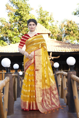 Aarunika MT Solid/Plain Bollywood Organza Saree(Yellow)