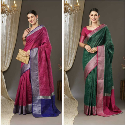 Rofolav Woven Daily Wear Chanderi, Cotton Silk Saree(Pack of 2, Multicolor)