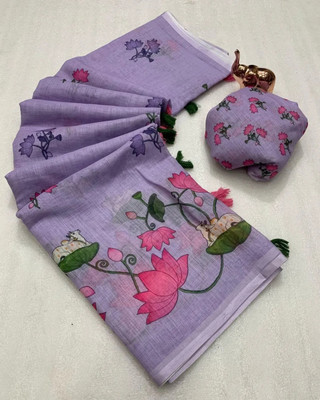 Vraggi Floral Print Bollywood Linen Saree(Purple)