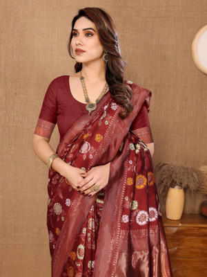 HITESH ENTERPRISE Self Design Banarasi Silk Blend Saree(Maroon)