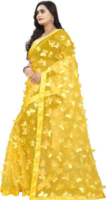 Aadimam Creation Embroidered Bollywood Net Saree(Yellow)
