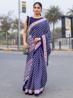 Divastri Printed Daily Wear Silk Blend Saree(Dark Blue)