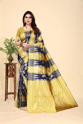 GARIYA Self Design Kanjivaram Cotton Blend Saree(Yellow)