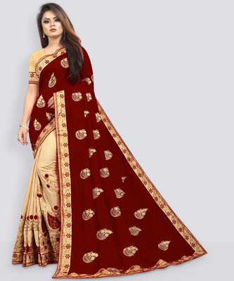 b bella creation Embroidered Bollywood Silk Blend Saree(Beige, Maroon)