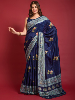 ANOUK Printed Daily Wear Silk Blend Saree(Dark Blue)