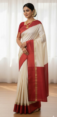 sarees Solid/Plain Kanjivaram Art Silk Saree(Cream)