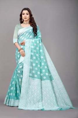 MANBARISAREES Self Design Banarasi Cotton Silk Saree(Light Blue)