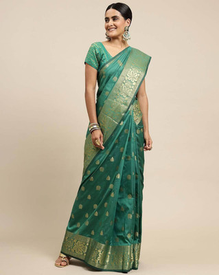 Omsaiarts Woven Kasavu Silk Blend Saree(Light Green)