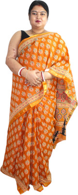 Generative Floral Print Chanderi Pure Cotton Saree(Brown)