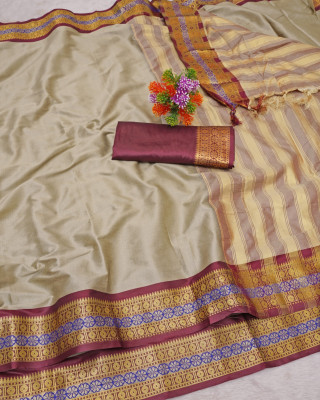 AARMICREATION Woven Banarasi Cotton Silk Saree(Cream)