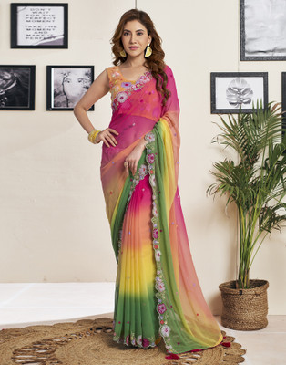 all about you Dyed, Embellished, Embroidered Bollywood Georgette Saree(Green, Multicolor)