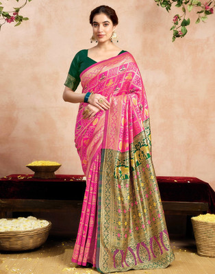 SARANG CREATION Woven, Floral Print, Paisley, Embellished Banarasi Cotton Silk Saree(Pink)