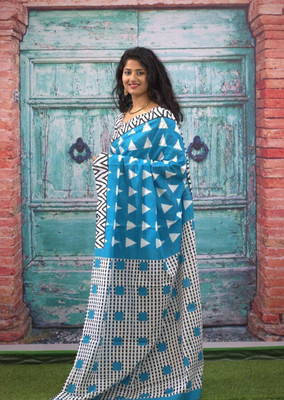 kewra Printed Daily Wear Cotton Blend Saree(Blue)