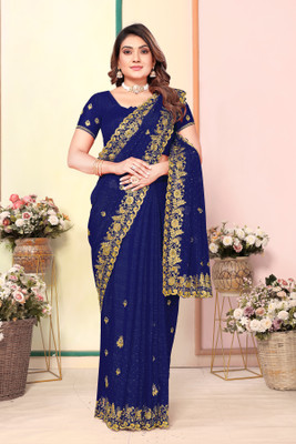 KHRITI FAB Embroidered Bollywood Georgette Saree(Dark Blue)