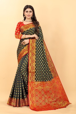 Rupatika Woven Banarasi Cotton Silk Saree(Red, Black)
