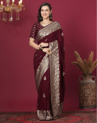 Satrani Woven, Embellished Banarasi Silk Blend, Cotton Blend Saree(Maroon)