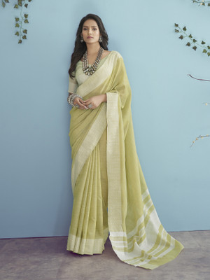 AVANSHEE Self Design, Solid/Plain, Woven Bollywood Linen Saree(Green)