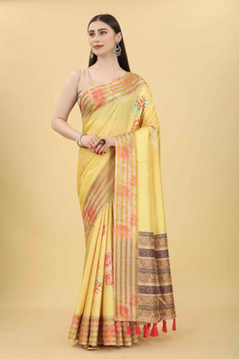 SILK ZONE Printed Banarasi Art Silk Saree(Mustard)