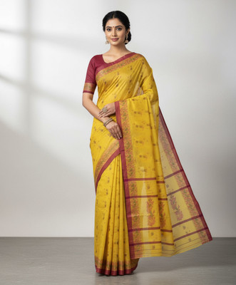 DENLINFABRICS Woven Tant Cotton Blend Saree(Yellow)