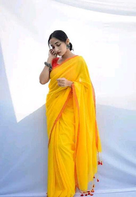 Parbati fashion Solid/Plain Handloom Cotton Blend Saree(Yellow)
