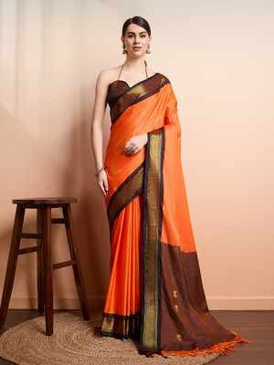 SGF11 Self Design Handloom Silk Blend Saree(Orange, Black)