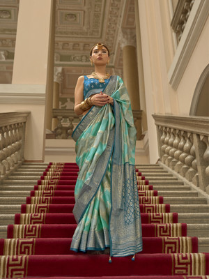 Elora Printed Saree with Attached Blouse Silk Blend Saree(Blue)