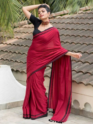 BRYNBRIT Solid/Plain Handloom Pure Cotton Saree(Red)
