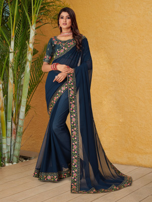 Tejal Creation Embroidered Bollywood Georgette Saree(Blue)