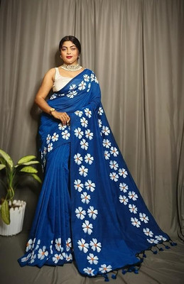 Shubharam Floral Print, Printed Bollywood Linen, Cotton Blend Saree(Blue)