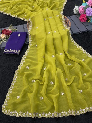 Vragi Embroidered, Embellished Bollywood Jimmy choo Saree(Yellow)