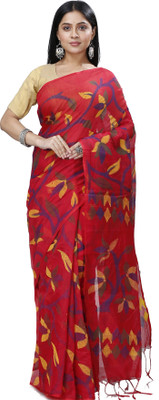 DipDiya Printed Handloom Pure Cotton Saree(Red)