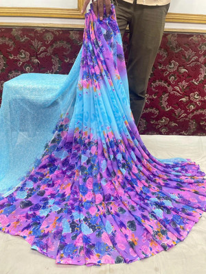 THEOMDESIGNER Printed Bollywood Georgette Saree(Light Blue)