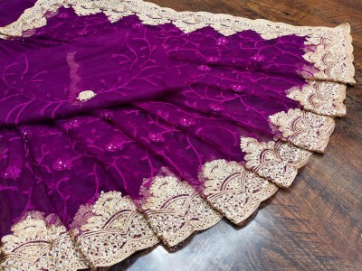 Radheradhey Embroidered, Floral Print Bollywood Net Saree(Purple)