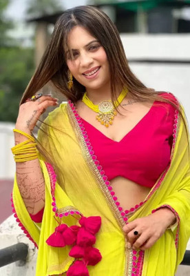 Salco Printed Banarasi Georgette Saree(Yellow, Pink)