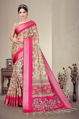 KB TEX Printed, Floral Print Dharmavaram Cotton Silk Saree(Pink)