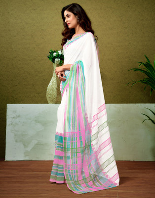 Samah Printed Sambalpuri Chanderi, Cotton Blend Saree(White)